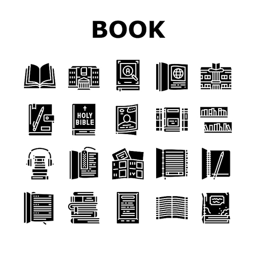 Book Educational Literature Read Icons Set Vector. Book Library Bookshelf And Bookmark Accessory, Notebook For Writing Task And Diary, E-book Device And Audiobook Glyph Pictograms Black Illustrations