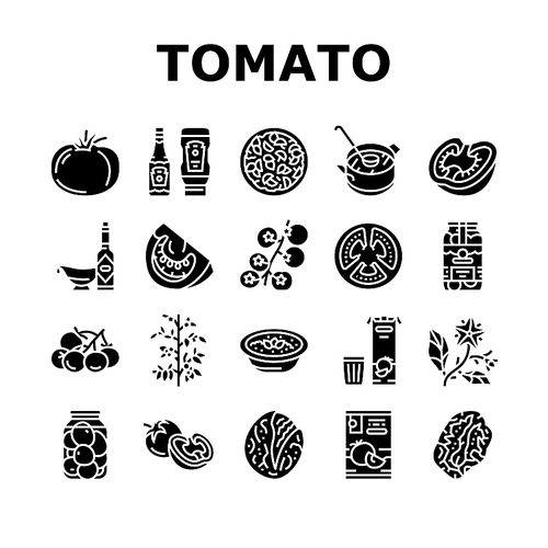 Tomato Natural Vitamin Vegetable Icons Set Vector. Tomato Soup And Salad Meal, Cooking Delicious Dish Food From Bio Ingredient, Ketchup And Sauce, Juice Drink Paste Glyph Pictograms Black Illustration