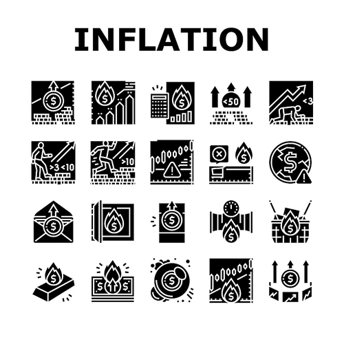 Inflation Financial World Problem Icons Set Vector. Core And Rate Inflation, Stagflation Online Market And Finance Hyperinflation, Deflation Money And Food Asset Glyph Pictograms Black Illustrations