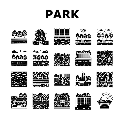 Park Meadow Nature And Playground Icons Set Vector. Park Green Leaves Tree Bush, Foliage Forest Wood Picnic Grass Lawn, Drinking Fountain And Swing, Bench And Light Glyph Pictograms Black Illustration