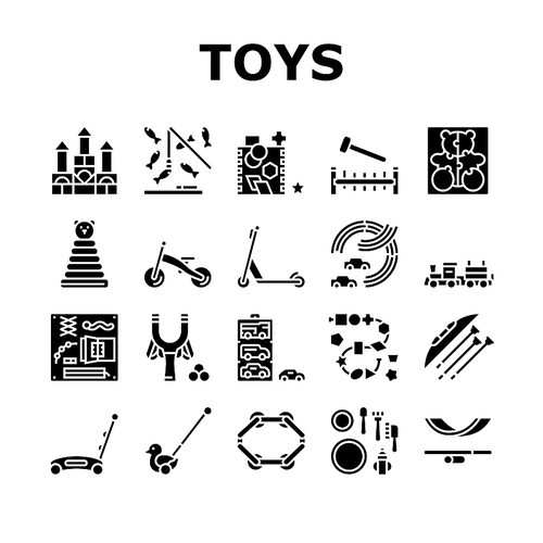 Wooden Toy For Children Play Time Icons Set Vector. Fishing Magnetic Game And Slingshot, Track For Playing With Car And Ring Stacker, Train And Puzzles Wooden Toy Glyph Pictograms Black Illustrations