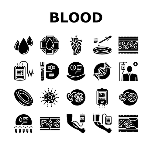 Blood Pressure Measuring Gadget Icons Set Vector. Blood Drop And Artery Vessel, Dna And Health Researchment And Laboratory Analyzing, Transfusion And Researchment Glyph Pictograms Black Illustrations