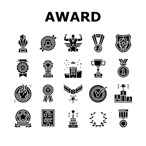 Award For Winner In Championship Icons Set Vector. Trophy Award In Form Star And Diploma Certificate For Win And Victory In Sportive Competition. Golden Medal Cup Glyph Pictograms Black Illustrations