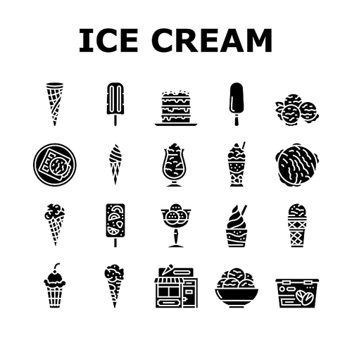 Ice Cream Delicious Dessert Food Icons Set Vector. Strawberry Cherry Fruit Ice Cream, Frozen Yogurt Juice. Waffle Cone Cake Sweet Nutrition With Chocolate Vanilla Glyph Pictograms Black Illustrations