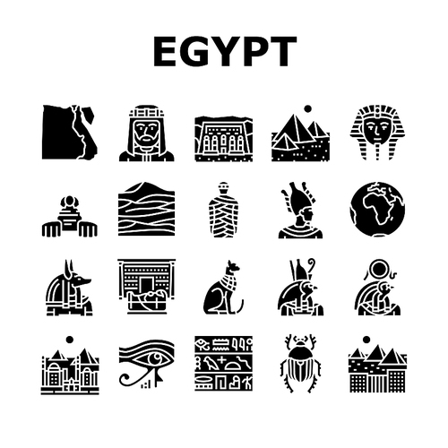 Egypt Country Monument Excursion Icons Set Vector. Egypt Pyramid And Sphinx Antique Construction, Pharaoh Egyptian God, Hieroglyph Desert, Abu Simbel And Giza City Glyph Pictograms Black Illustrations