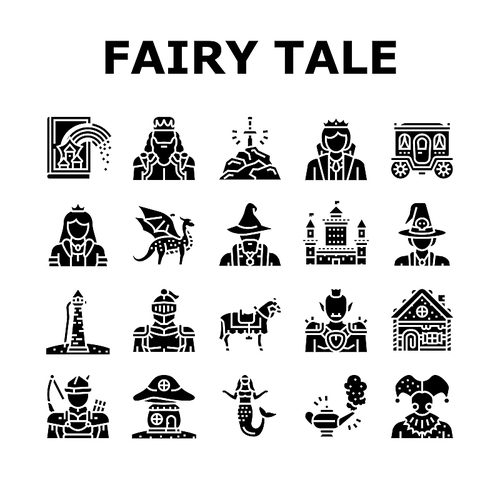 Fairy Tale Magical Story Book Icons Set Vector. Fairy Tale Witch Goblin, Kingdom Castle Building Gingerbread House, Magic Dragon Animal Horse, Djinn Lamp And Sword Glyph Pictograms Black Illustrations