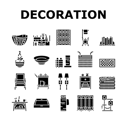 Home Decoration And Furniture Icons Set Vector. Bookends And Rattan Patio Home Decoration, Noodle And Wooden Bowl, Desktop Organizer And Mesh Basket. Room Divider Glyph Pictograms Black Illustrations