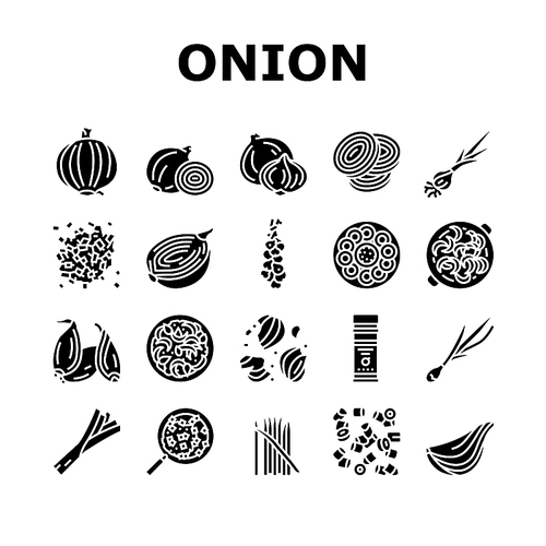 Onion Fresh Vitamin Vegetable Icons Set Vector. White And Purple Onion, Growing Green And Shallot. Harvesting Ripe Eatery Bio Plant For Flavoring Meal And Salad Glyph Pictograms Black Illustrations