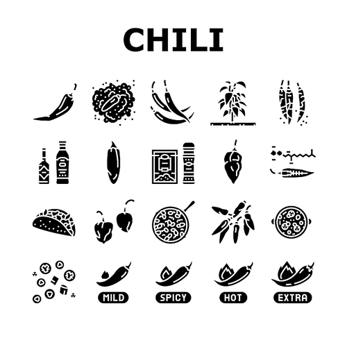 Chili Spicy Natural Vegetable Icons Set Vector. Habanero And Cayenne, Capsaicin And Jalapeno Chili Pepper Bio Product Harvesting In Garden. Sauce And Mexican Food Glyph Pictograms Black Illustrations