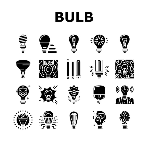 Bulb Electrical Energy Accessory Icons Set Vector. Halogen Fluorescent Shining Lamp Light Bulb Electric Device, Power Glowing Bright Brainstorming Business Idea Glyph Pictograms Black Illustrations