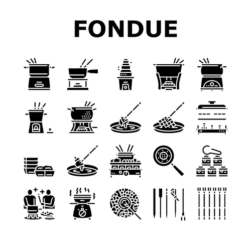 Fondue Cooking Delicious Meal Icons Set Vector. Cheese And Chocolate Tasty Dish Prepared In Warmer Kitchen Appliance Electronic Equipment. Preparing Raclette Food Glyph Pictograms Black Illustrations