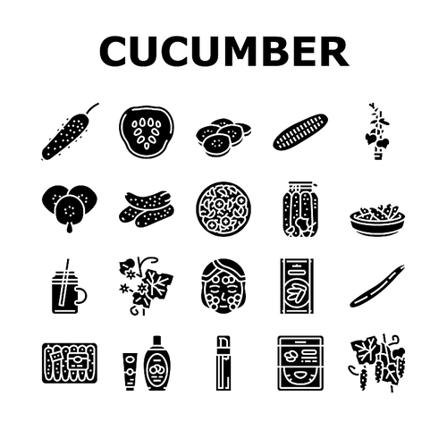 cucumber natural bio vegetable icons set vector. cucumber ingredient for preparing vitamin salad and  cream cosmetics, spa salon healthy procedure facial mask glyph pictograms black illustrations