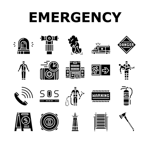 Emergency Helping In Accident Icons Set Vector. Policeman And Firefighter Urgency Help People, Bell Alarm And Ladder Equipment, First Aid Kit And Axe. Warning Sign Glyph Pictograms Black Illustrations