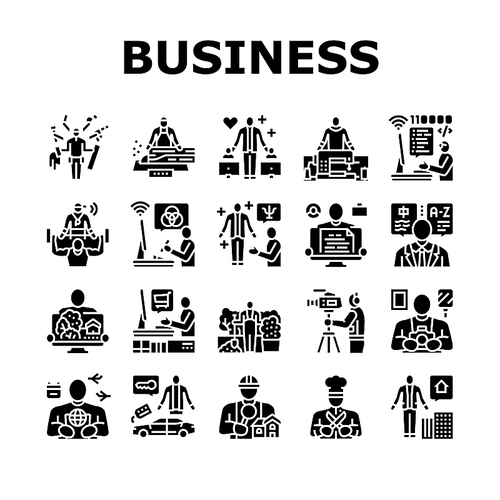 Small Business Worker Occupation Icons Set Vector. Personal Chef Photographer, Home Inspector Car Detailing Specialist, Property Manager Translator Small Business Glyph Pictograms Black Illustrations