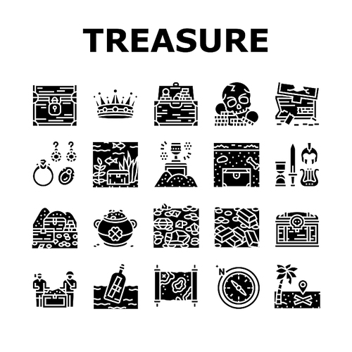 Treasure Golden Jewels In Chest Icons Set Vector. Pirate Gold And Skull, Gemstone And Jewelry Accessories, Leprechaun And Compass Equipment For Searching Treasure Glyph Pictograms Black Illustrations