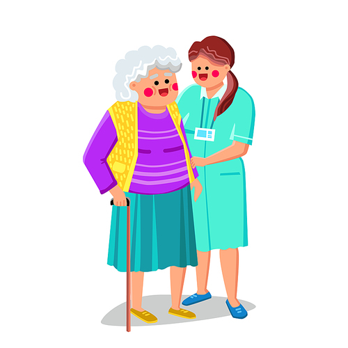 caregiver help senior vector. senior care, old woman, people home, nurse patient caregiver help senior character. people flat cartoon illustration