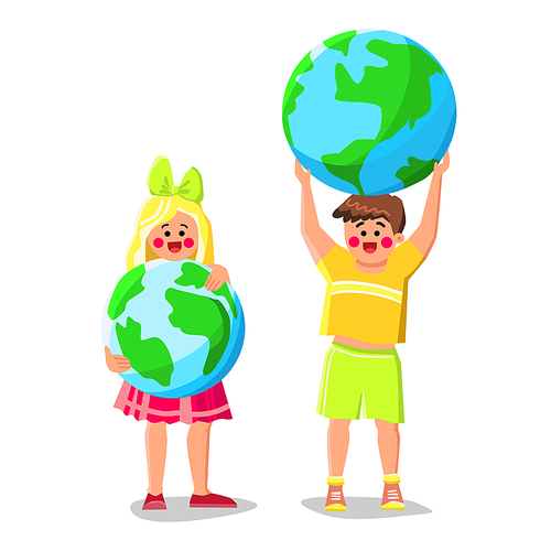 hold planet kid vector. earth globe, world environment, ecology global save hold planet kid character. people flat cartoon illustration