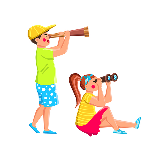 spyglass kid vector. child boy girl, telescope travel, summer future sailor spyglass kid character. people flat cartoon illustration