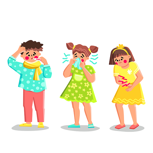 unhealthy sick kid vector. flu home, boy girl, ill patient child unhealthy sick kid character. people flat cartoon illustration