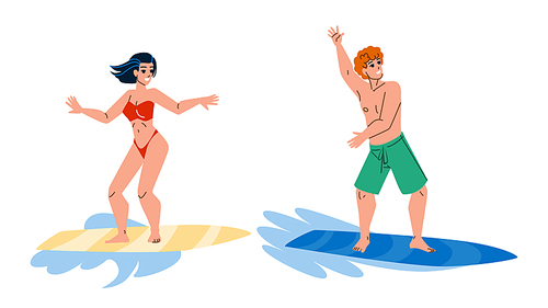 Surfing Young Man And Woman Togetherness Vector. Happy Boy And Girl Surfers Surfing On Ocean Waves. Characters Enjoying And Exercising Extremal Sport On Surfboard Flat Cartoon Illustration