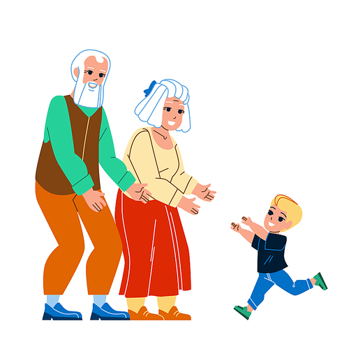 Grandparents Visit Grandchildren Family Vector. Happy Grandfather and Grandmother Visit Grandchildren. Characters Grand Parents And Kid Recreational Happy Time Together Flat Cartoon Illustration