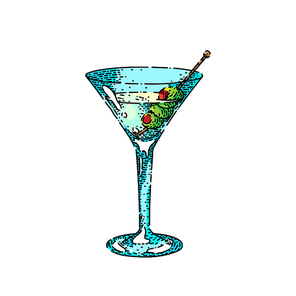 martini cocktail hand drawn vector. gin glass, drink vodka, bar dry olive martini cocktail sketch. isolated color illustration