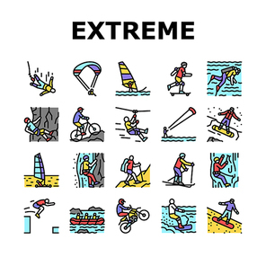Extreme Sport Sportsman Activity Icons Set Vector. Bungee Jumping And Motocross, Wakeboarding And Ice Climbing, Skiing And Windsurfing Extreme Sport. Sportive Active Color Illustrations