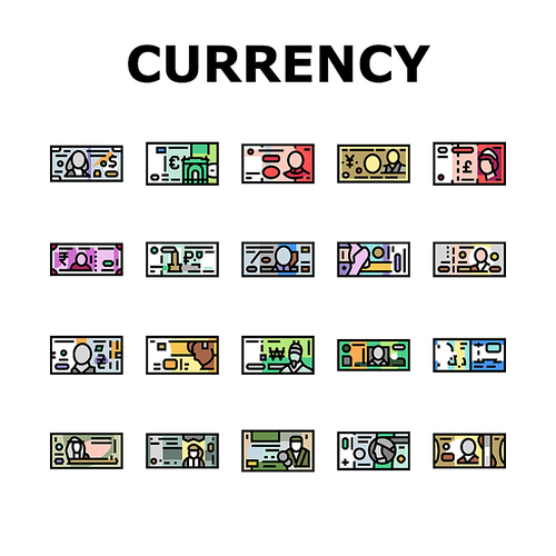 Currency International Finance Icons Set Vector. Pound Sterling And Dollar, Hryvnia And Indian Rupee, Jordian And Bahraini Dinar, Shekel And Omani Rial Worldwide Currency Color Illustrations