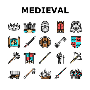 Medieval Warrior Weapon And Armor Icons Set Vector. Medieval Knight Sword And Ax, Helmet And Shield, Arrow And Crossbow, King Crown And Throne. Antique Kingdom Castle Color Illustrations