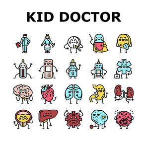 Kid Doctor Disease Treatment Icons Set Vector. Vitamins And Drug Pill, Kid Doctor Examining Child Stomach And Kidneys, Brain And Lungs. Thermometer And Patch Medical Accessories Color Illustrations