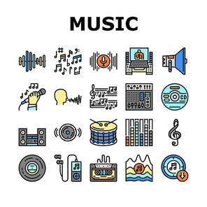 Music Record Studio Equipment Icons Set Vector. Compact Disc And Vinyl, Mp3 Player And Tape For Listening Music And Song In Headphones. Singer Singing In Microphone Color Illustrations