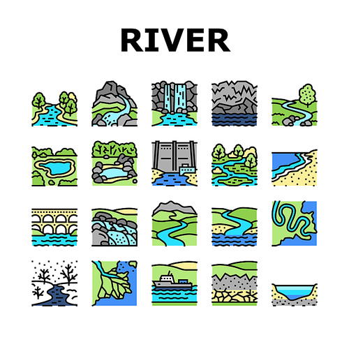 River And Lake Nature Landscape Icons Set Vector. River Mouth And Delta, Sea Shore And Pond In Forest, Aqueduct Construction And Dam. Waterfall And Water Reservoir Color Illustrations