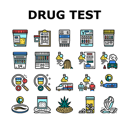 Drug Test Examination Device Icons Set Vector. Panel Drug Test Gadget For Searching Cocaine Or Amphetamines, Marijuana And Alcohol In Blood Or Urine. Medical Review Officer Color Illustrations