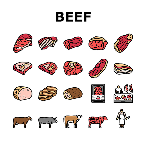 Beef Meat Nutrition Production Icons Set Vector. Shank And Steak, Chuck And Round, Ham Beef Meat In Package, Bbq Fried And Grilled Food Cooked From Farm Animal Color Illustrations
