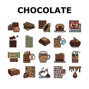 Chocolate Sweet Dessert And Drink Icons Set Vector. Hot And Ice Chocolate Beverage Cup, Cake And Coffee, Caramel And Cream. Cocoa Ingredient Product Nourishment And Snack Color Illustrations