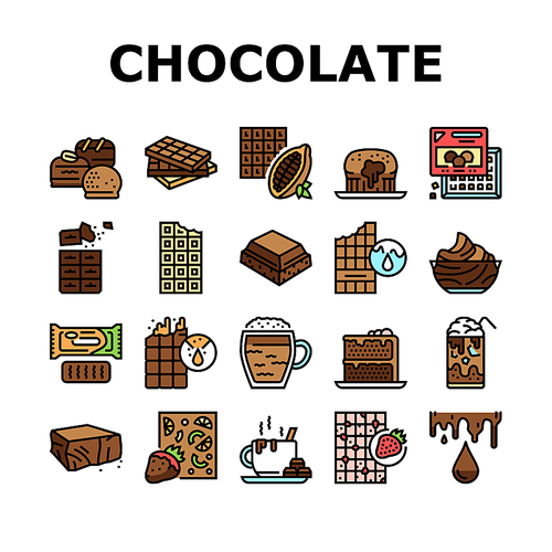Chocolate Sweet Dessert And Drink Icons Set Vector. Hot And Ice Chocolate Beverage Cup, Cake And Coffee, Caramel And Cream. Cocoa Ingredient Product Nourishment And Snack Color Illustrations