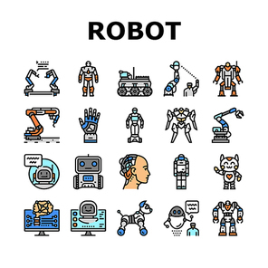 Robot Development And Industry Icons Set Vector. Pre-programmed Robot And Smart Cyborg, Industrial Robotic Arm And Humanoid. Futuristic Digital Computer Technology Color Illustrations