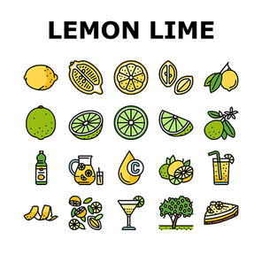 Lemon And Lime Vitamin Citrus Icons Set Vector. Lemon And Lime Fruit Cut And Slice, Delicious Juice And Lemonade, Pie Food And Cocktail Drink Bottle. Blossom Branch Tree Color Illustrations