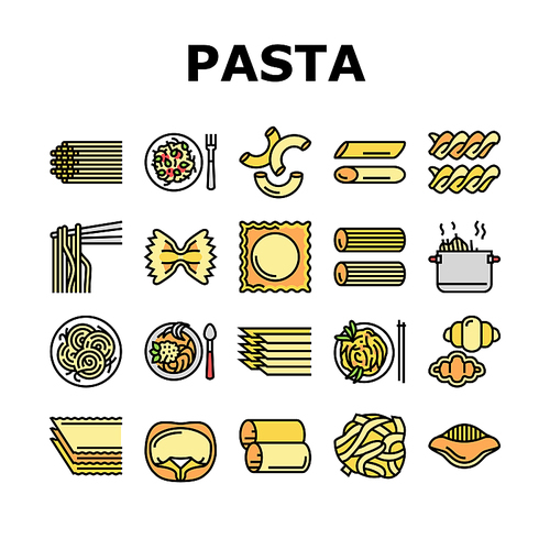 Pasta Delicious Food Meal Cooking Icons Set Vector. Ravioli And Tortellini, Spaghetti And Pasta, Macaroni And Fusilli, Cannelloni And Lasagna. Cooked Dish Plate Nutrition Color Illustrations