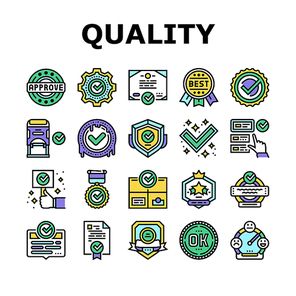 Quality Approve Mark And Medal Icons Set Vector. Product Quality Approve Certificate Document With Checkmark And Stamp Of Guarantee. Service Successful Check And Analysis Color Illustrations