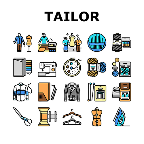 Tailor Worker Sewing Occupation Icons Set Vector. Tailor Measuring Client And Sew Leather Jacket, Preparing Suit On Mannequin And Crafting With Professional Equipment Color Illustrations
