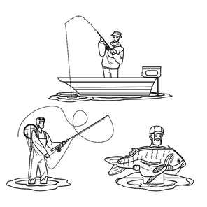 fishing hobby vector. fisherman and fish, boat, lake and river water, summer hobby fishing hobby character. people black line pencil drawing vector illustration