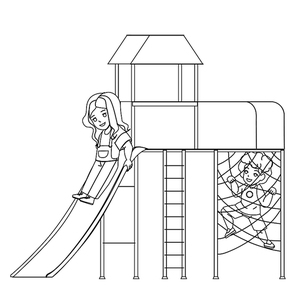 On Jungle Gym Playing Children Boy And Girl Vector. Little Preschooler Kids Play And Enjoy Game On Jungle Gym. Characters Infant Resting On Playground Together black line illustration