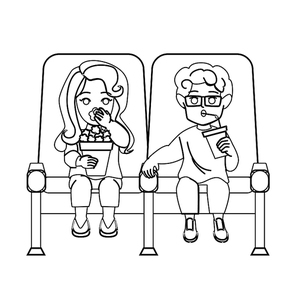 kid movie vector. popcorn soda child boy girl, watch television together kid movie character. people black line pencil drawing vector illustration