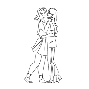 Lesbian Couple Kiss And Embrace Together Vector. Girls Lesbian Couple Kissing And Embracing Togetherness With Love. Characters Ladies Partnership And Relationship black line illustration