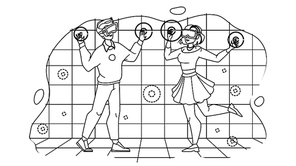 Metaverse Vr Glasses Using Boy And Girl Vector. Metaverse Virtual Reality Device Use Young Man And Woman For Playing Video Games And Watching Video. Characters black line illustration