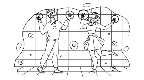 Metaverse Vr Glasses Using Boy And Girl Vector. Metaverse Virtual Reality Device Use Young Man And Woman For Playing Video Games And Watching Video. Characters black line illustration