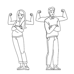 Self Confident Man And Woman Feeling Power Vector. Self Confident Businessman And Businesswoman Feel Strong Muscle. Characters Motivation And Strength black line illustration