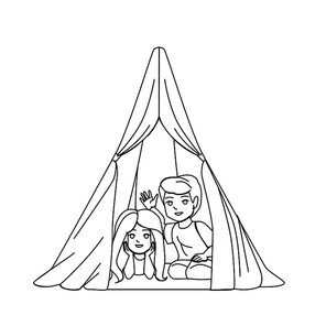 tent kid vector. room family boy girl, home children play, teepee house indoor tent kid character. people black line pencil drawing vector illustration