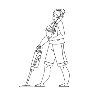 Busy Mother Housekeeping And Communicate Vector. Young Busy Mother Holding Toddler Baby, Cleaning Floor With Vacuum Cleaner And Talking On Mobile Phone. Character black line illustration